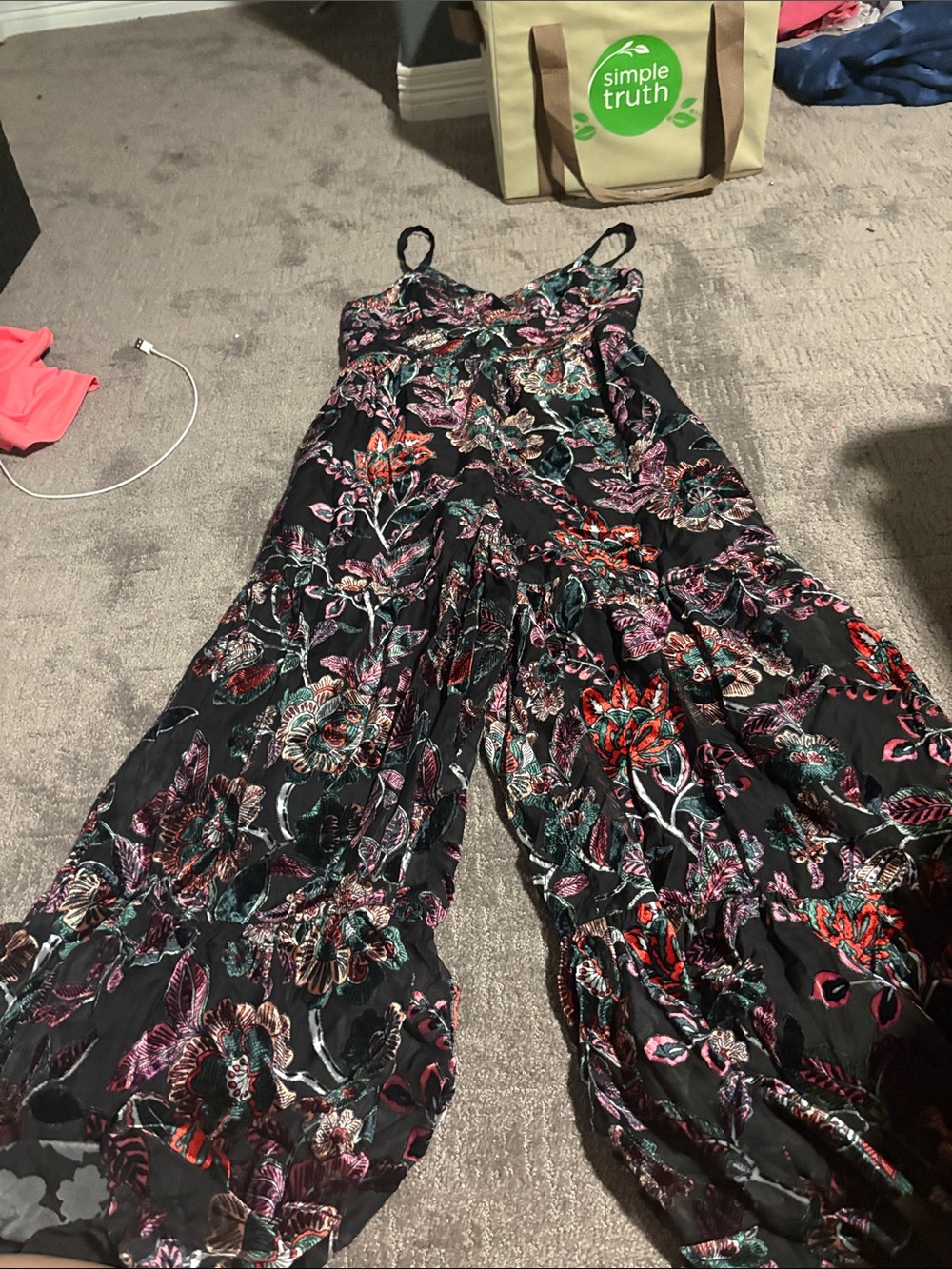 Anthropologie Black Floral Spaghetti-Strap Jumpsuit